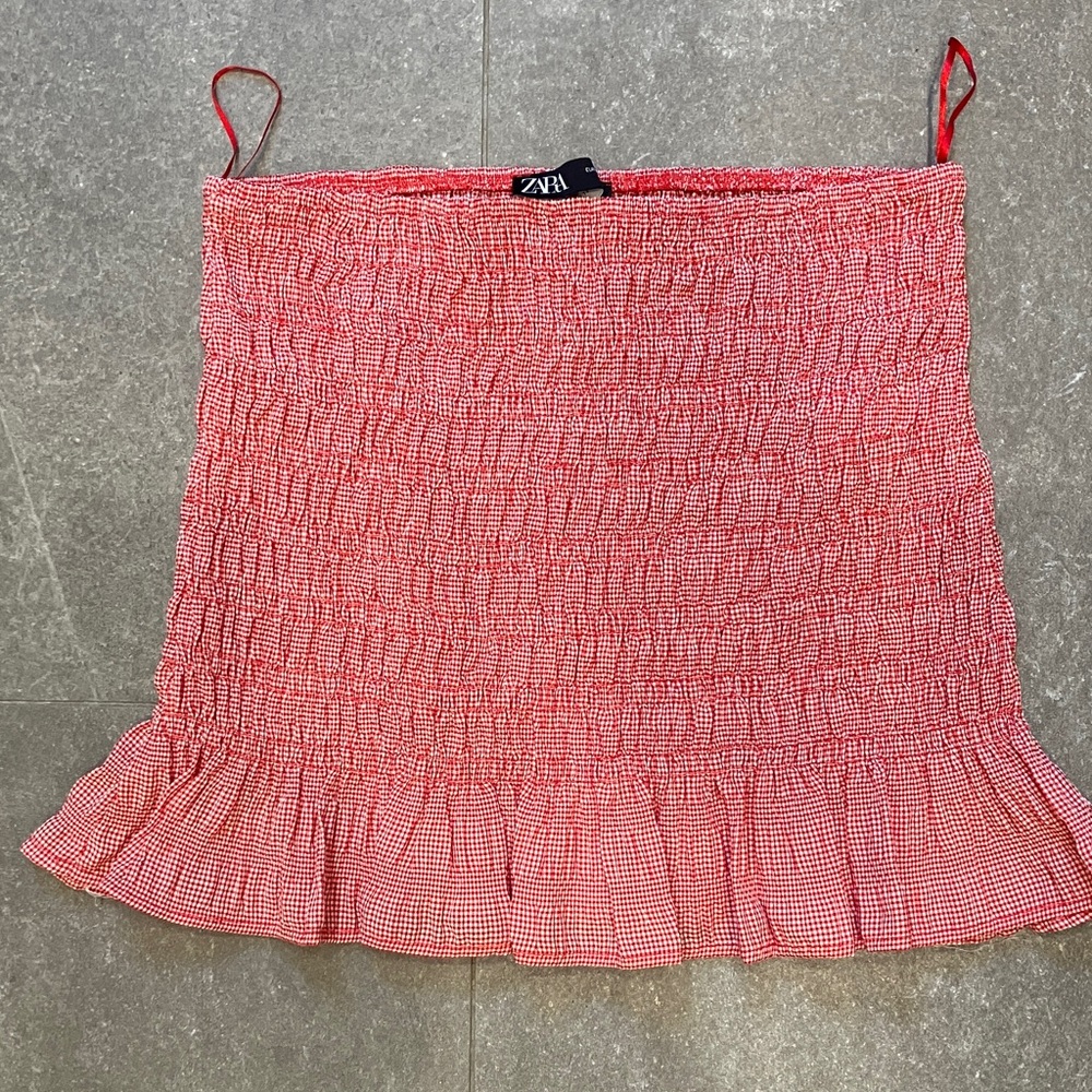 Zara Red Gingham Smocked Mini Skirt